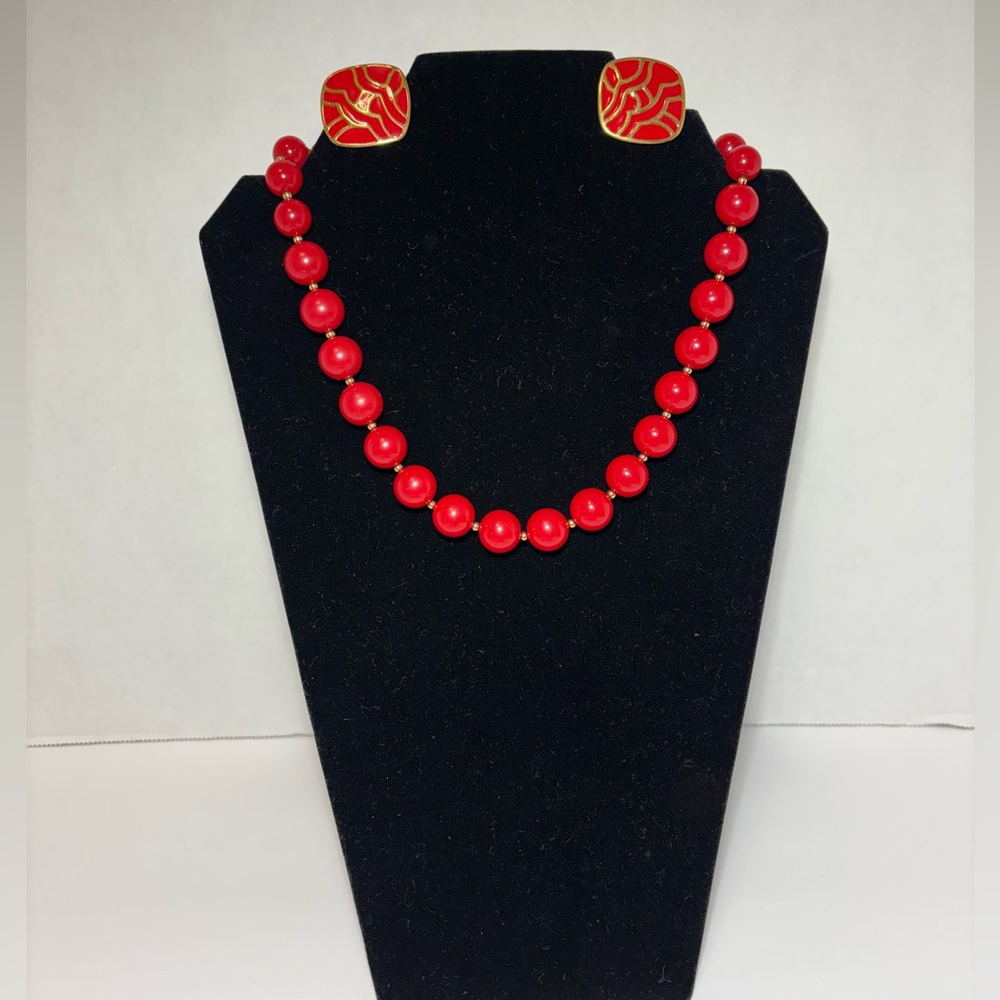 Monet Red Beaded GoldTone Necklace Red Enamel Gold Tone Post Earrings Signed